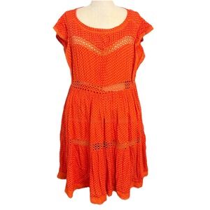 Free People Retro Kitty Crochet Mini Babydoll Dress‎ Tangerine Orange XS FLAW
